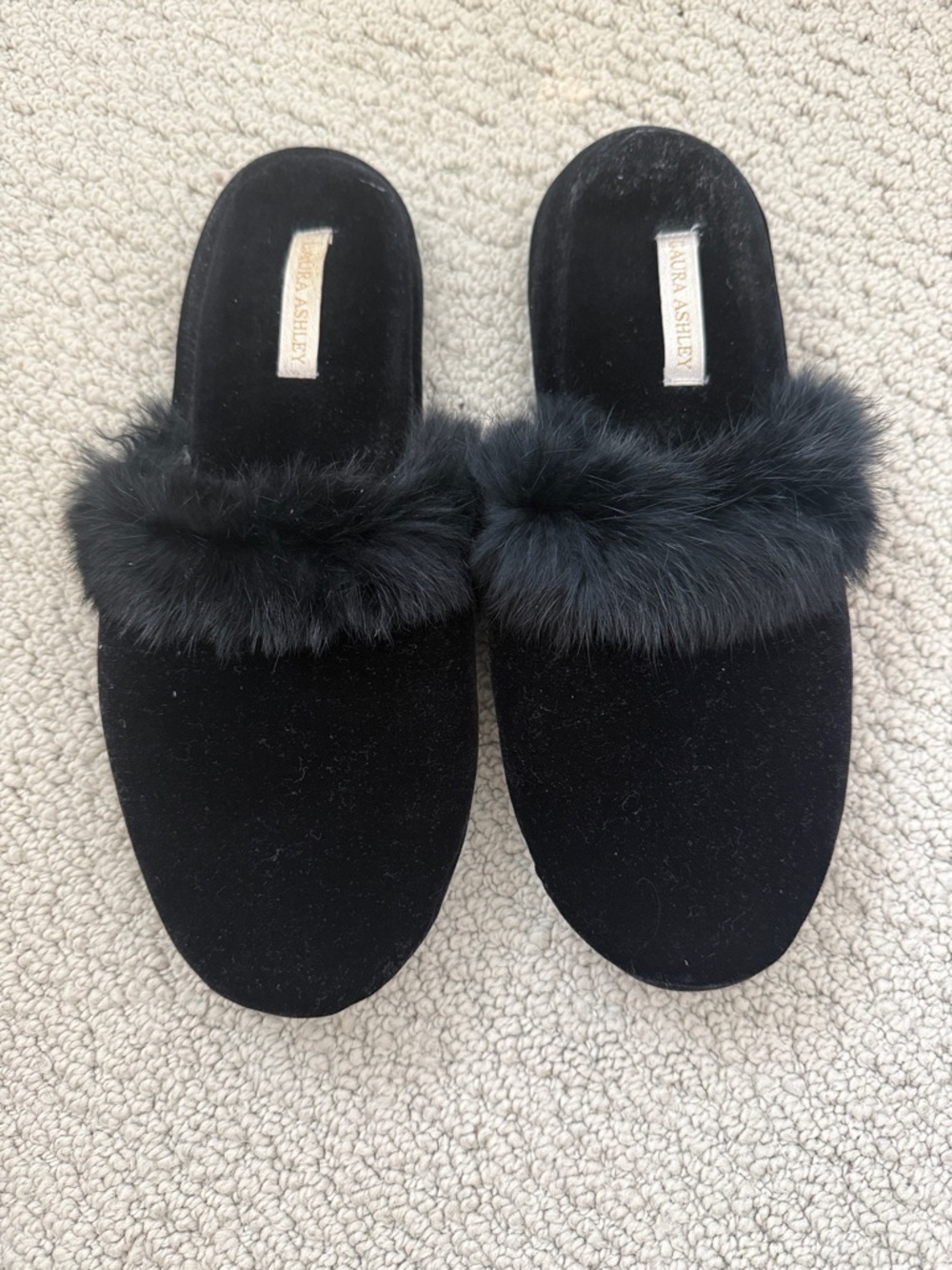 Vintage Laura Ashley Black Velvet Slide Slippers with Real Fur Trim